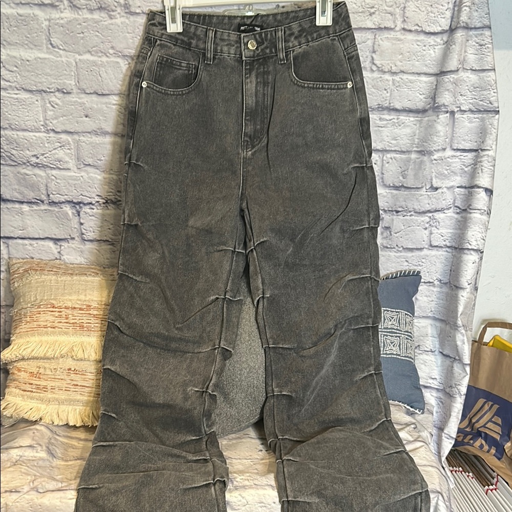 PrettyLittleThing Black Ruched Flare Leg Jeans